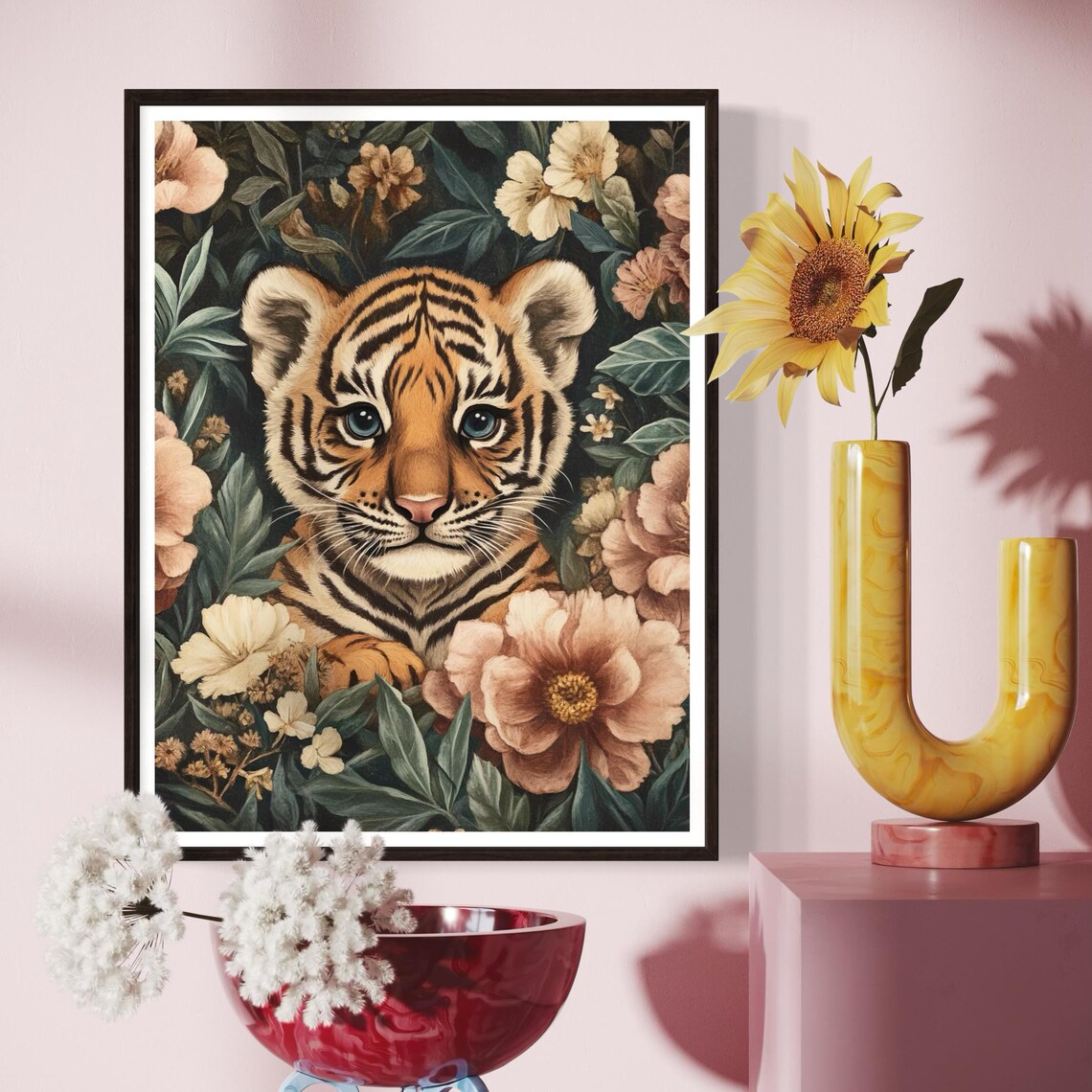 Cute Baby Tiger Cub Blue Eyes Floral Jungle Nursery Wildlife Poster - Image 2
