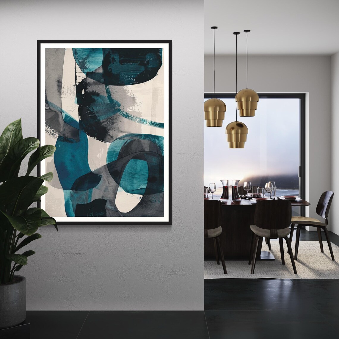 Grey Turquoise Abstract Art Print, Mid-Century Modern - Image 2