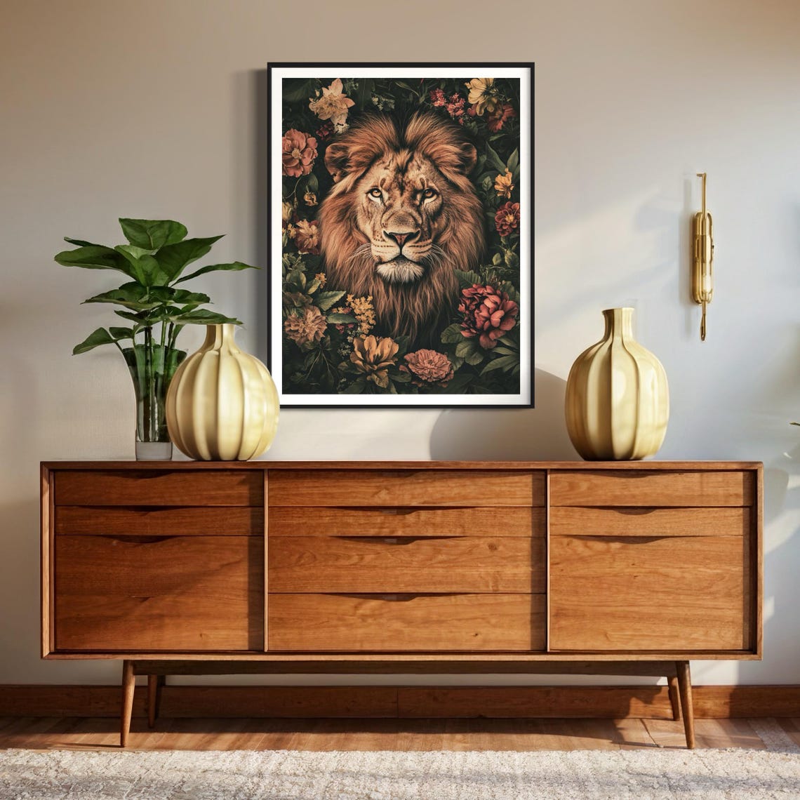 Lion Mane Autumn Flowers Dark Jungle Wildlife Portrait Poster - Image 2