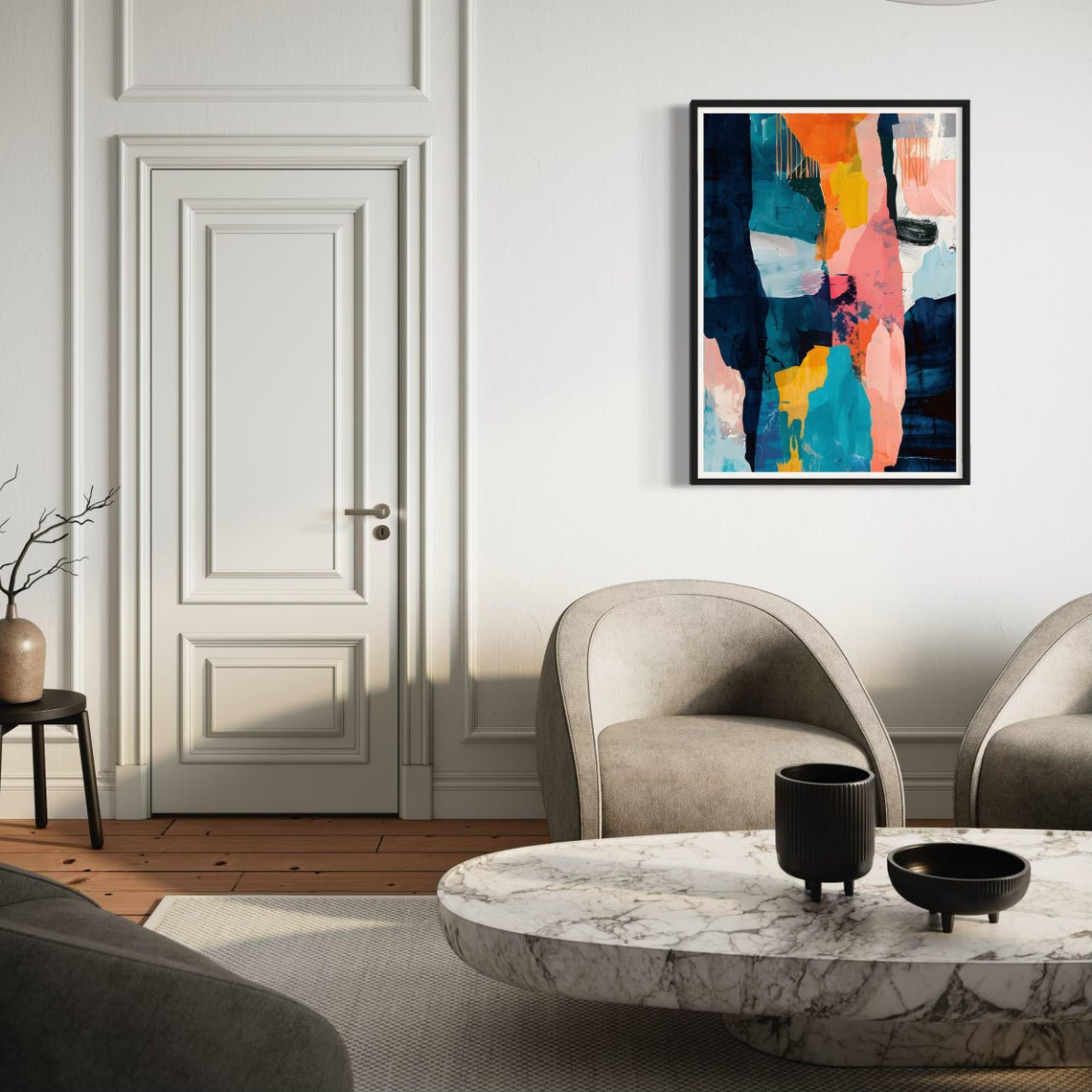 Bold Color Splash Abstract Navy Pink Orange Brushstroke Art Print - Image 2