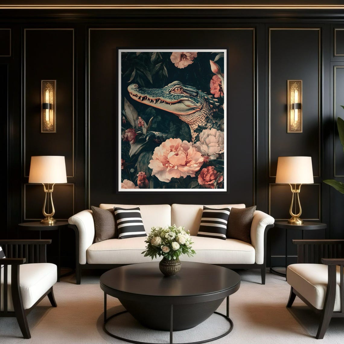 Alligator Tropical Jungle Peony Flowers Vintage Wildlife Poster - Image 4