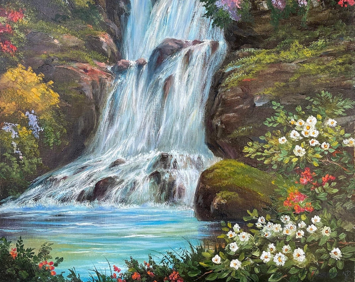 Tropical Waterfall In Blooming Forest Paradise Landscape Painting