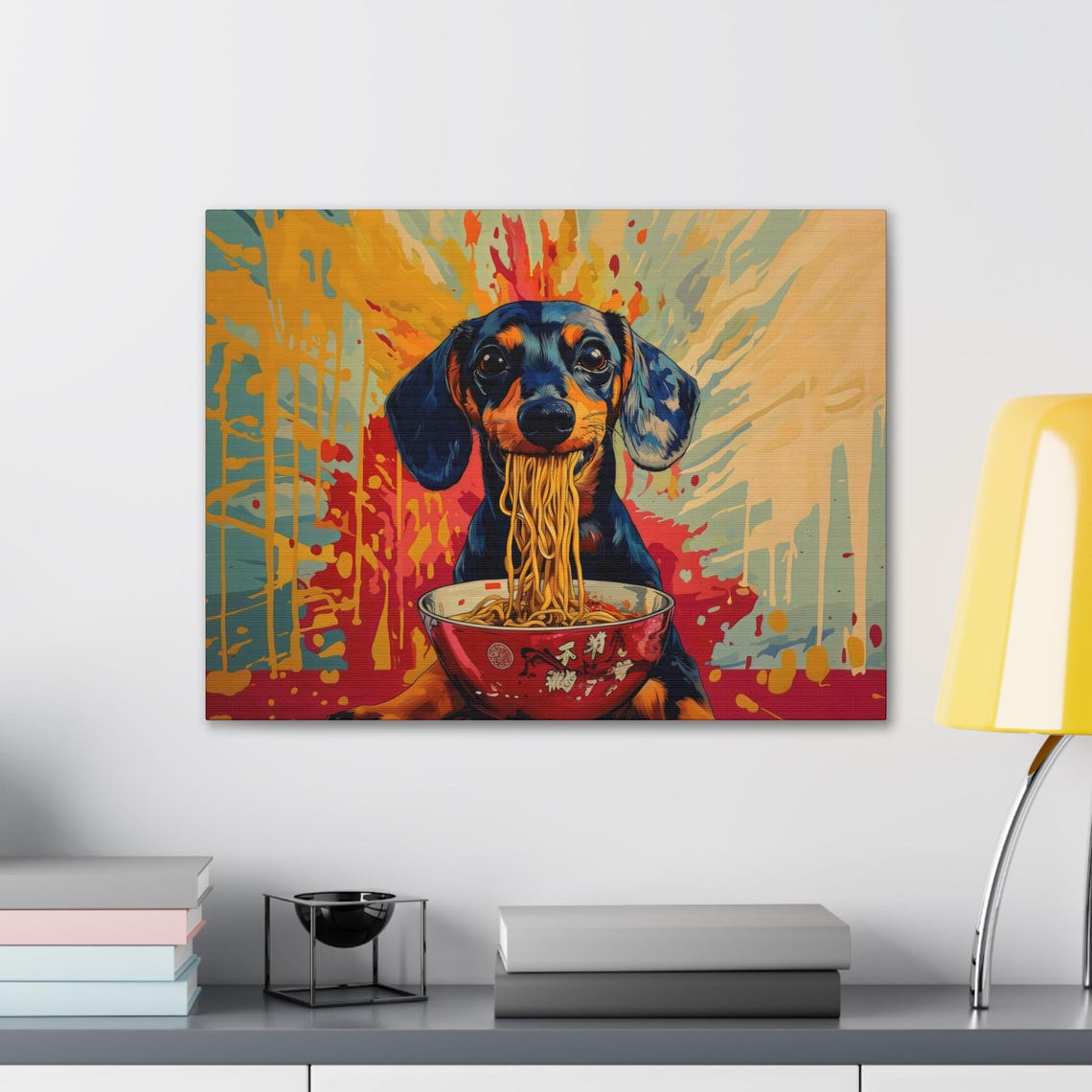 Cute Dachshund Dog Eating Ramen in Colorful Splatter Art Poster - Image 2