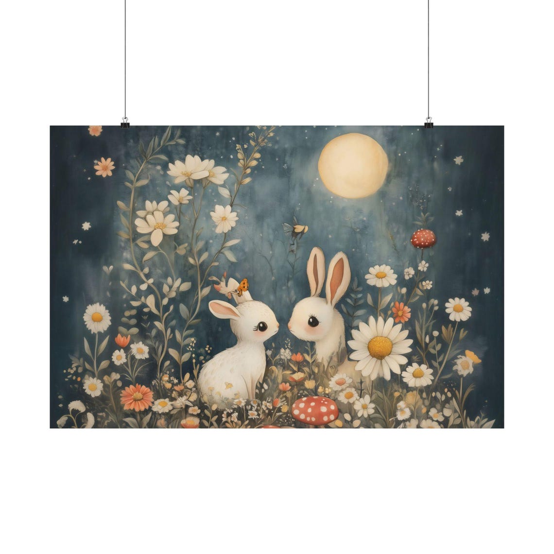 Two White Bunnies Full Moon Daisy Meadow Fantasy Night Poster
