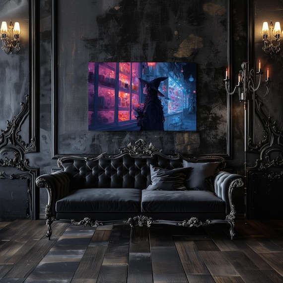 Witch Shopping At Night Neon Candy Shop Dark Gothic Street Poster