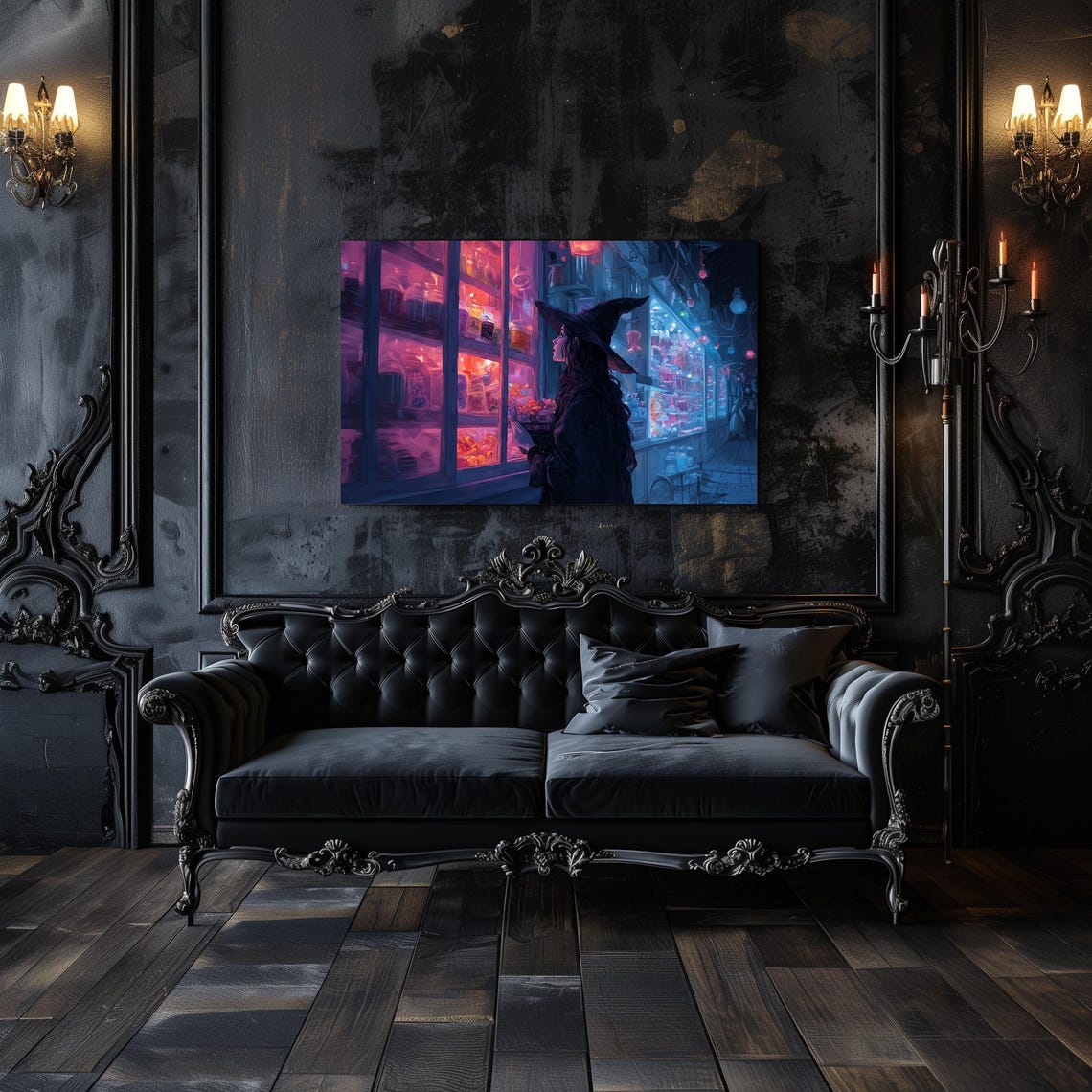 Witch Shopping At Night Neon Candy Shop Dark Gothic Street Poster