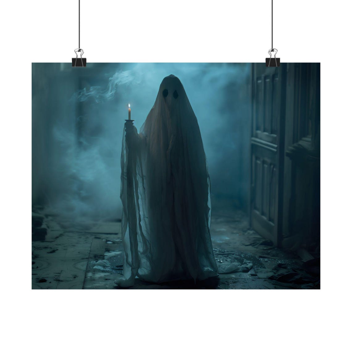 Spooky Sheet Ghost Holding A Candle In A Misty Dark Hallway Poster