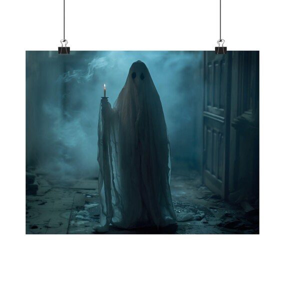 Spooky Sheet Ghost Holding A Candle In A Misty Dark Hallway Poster