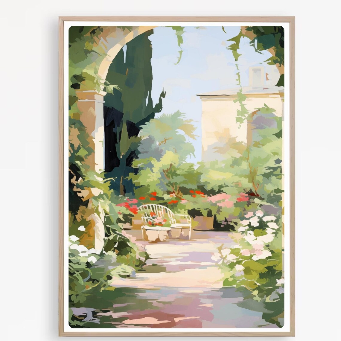 Mediterranean Courtyard Garden Watercolor Arch Bench Flower Poster