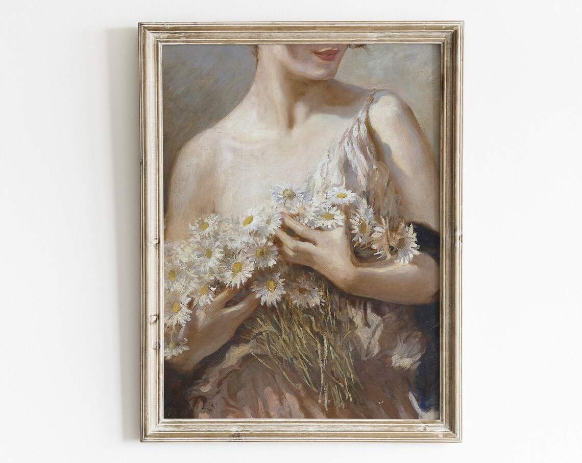 Vintage Woman Figure and Daisy Floral Art Print