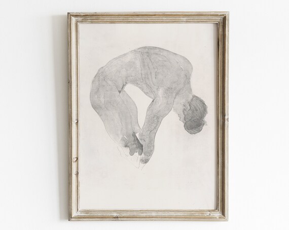 Crouching Female Figure Soft Gray Wash Life Study Sketch Art Poster