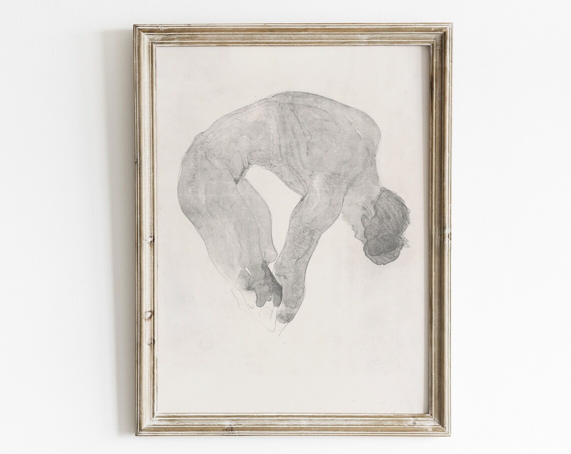 Crouching Female Figure Soft Gray Wash Life Study Sketch Art Poster