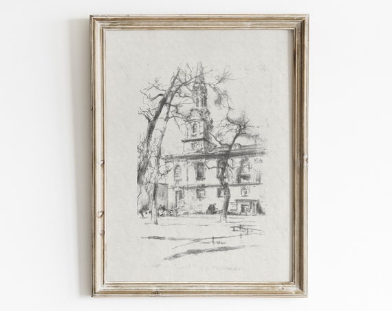Vintage European Village Architecture Sketch Art Print