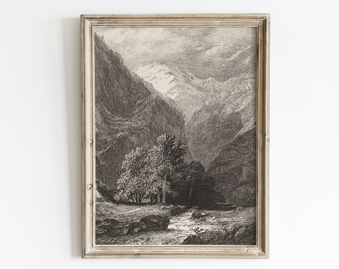 Vintage Landscape Etching, Antique Wall Decor