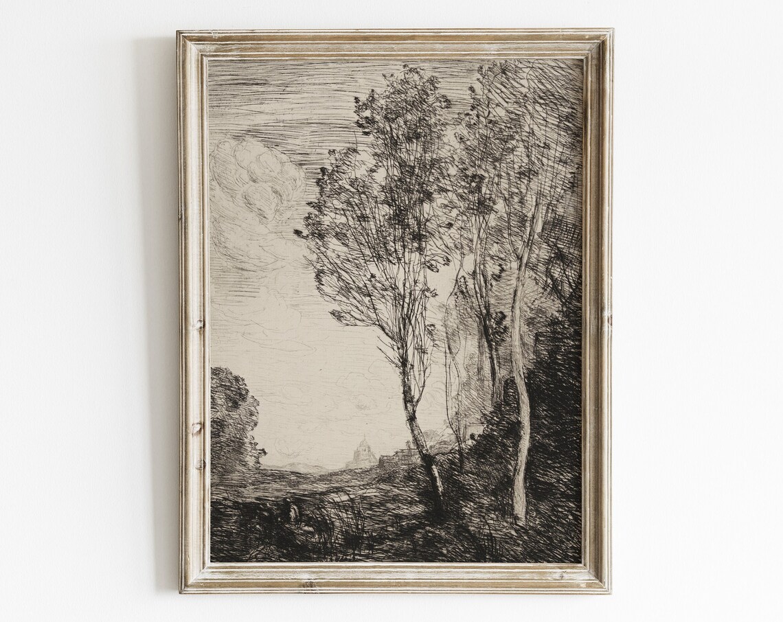 Vintage Tree Landscape Ink Drawing, Antique Sketch Print