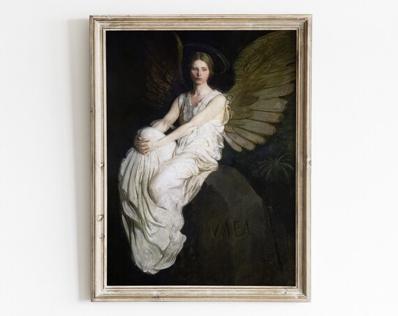 Seated Angel White Robes Wings VAEA Inscription Religious Oil Painting Poster