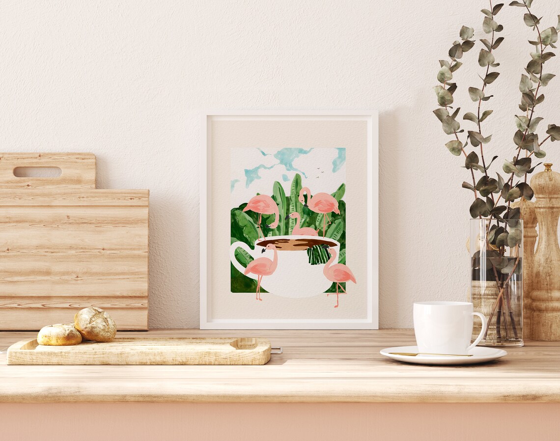 Flamingos and Coffee Retro Tropical Art Print - Image 3