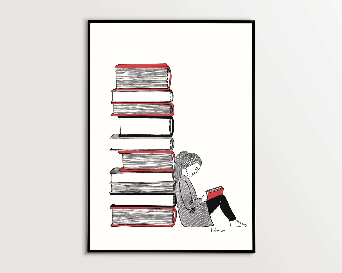 Book Lover Girl Reading Leaning on a Tall Stack of Books Poster