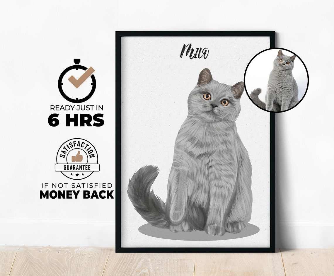 Personalized Gray Cat Milo Painted Custom Pet Portrait Poster