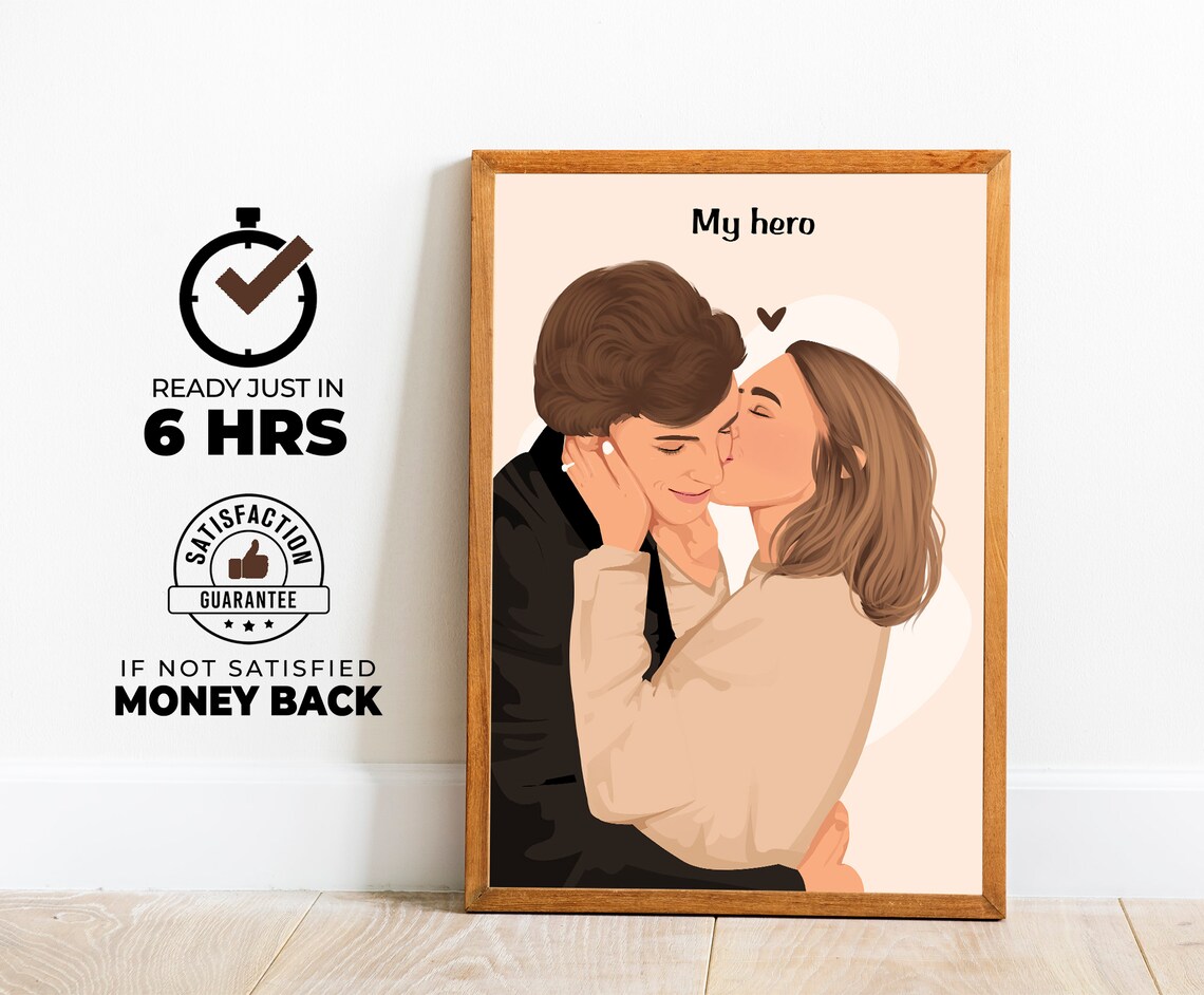 My Hero Couple Cheek Kiss Romantic Illustration Portrait Poster