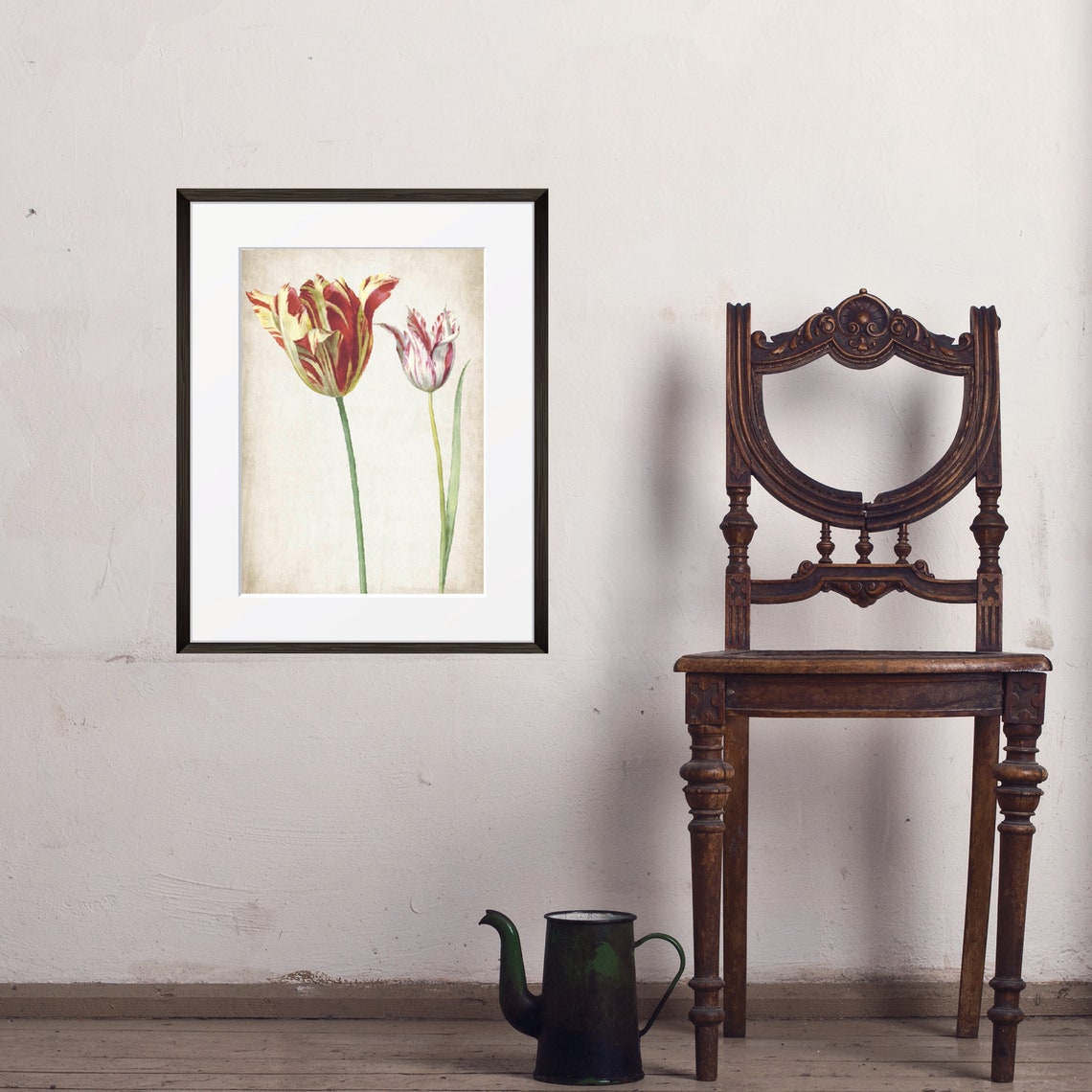 Vintage Red Yellow Striped Tulips Botanical Illustration Art Poster - Image 3