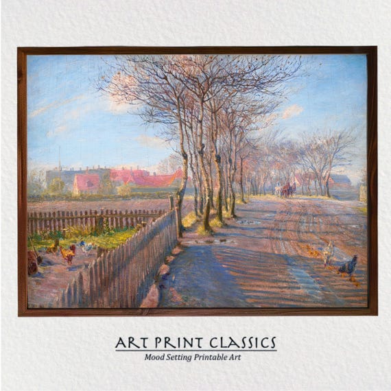 Country Lane Painting Rural Landscape Farmhouse Wall Art Vintage Town Road Illustration Na15