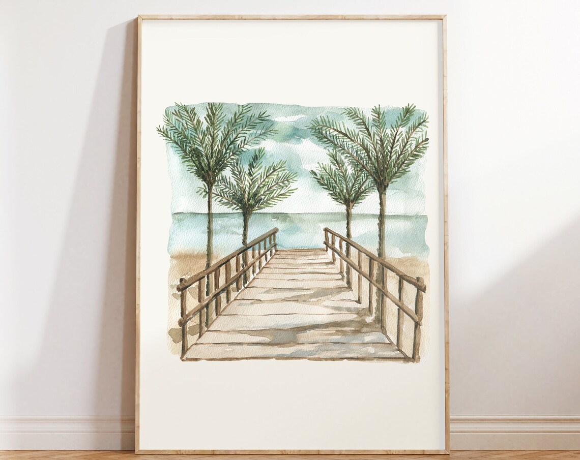 Neutral Palm Tree Boardwalk Beach Watercolor Coastal Minimalist Poster