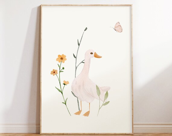 White Duck With Orange Wildflowers Watercolor Nursery Poster