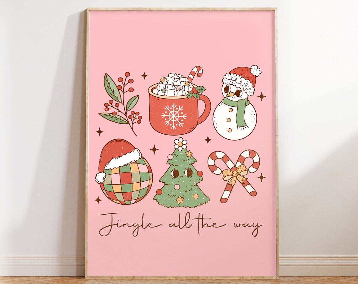 Jingle All The Way Pink Retro Cocoa Mug Snowman Disco Ball Print