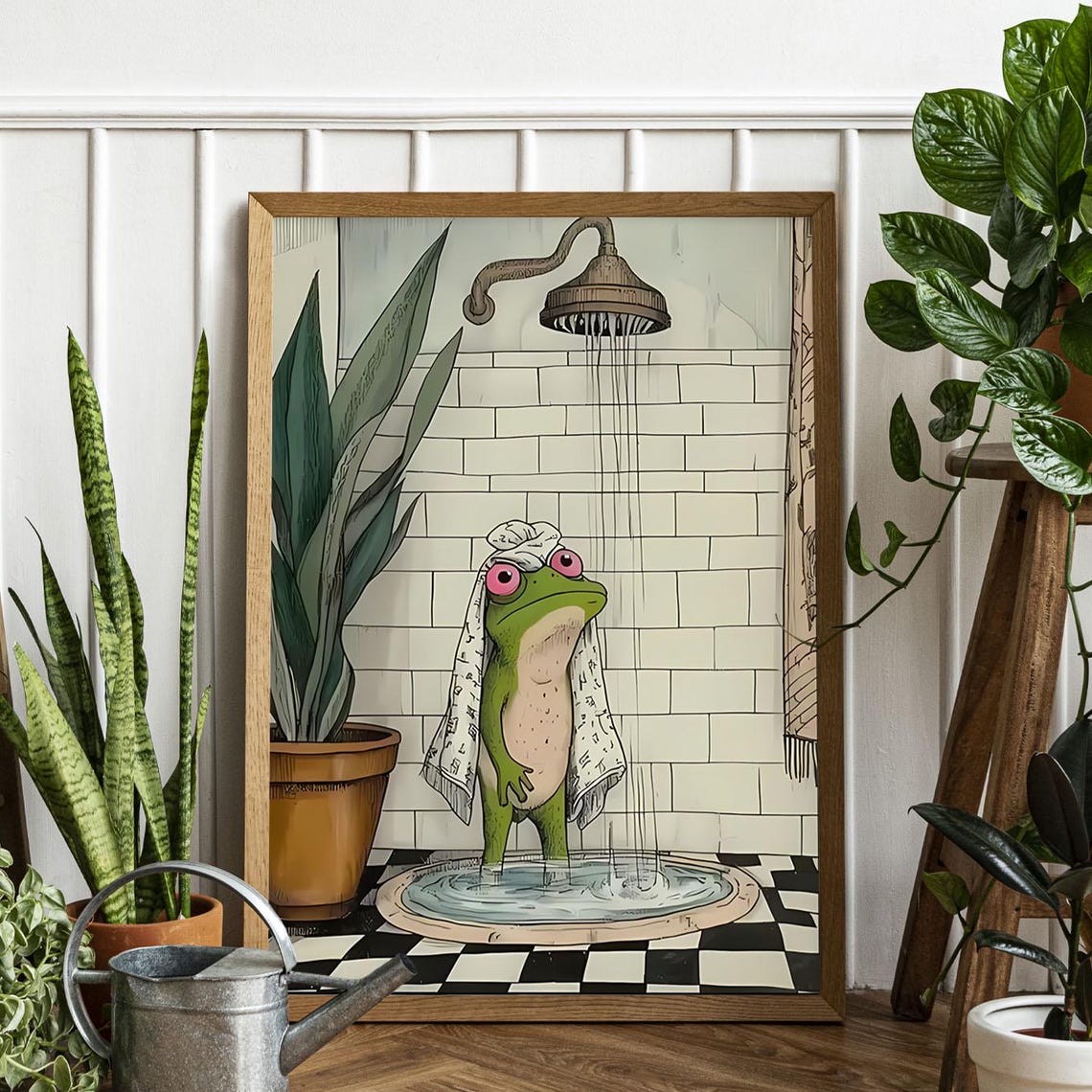 Funny Frog Shower Towel Head Bathroom Whimsical Animal Poster