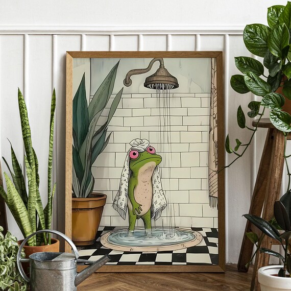 Humorous Shower Frog Art Print Funny Bathroom Decor For Nature Amphibian Lovers Whimsical Wall Gift