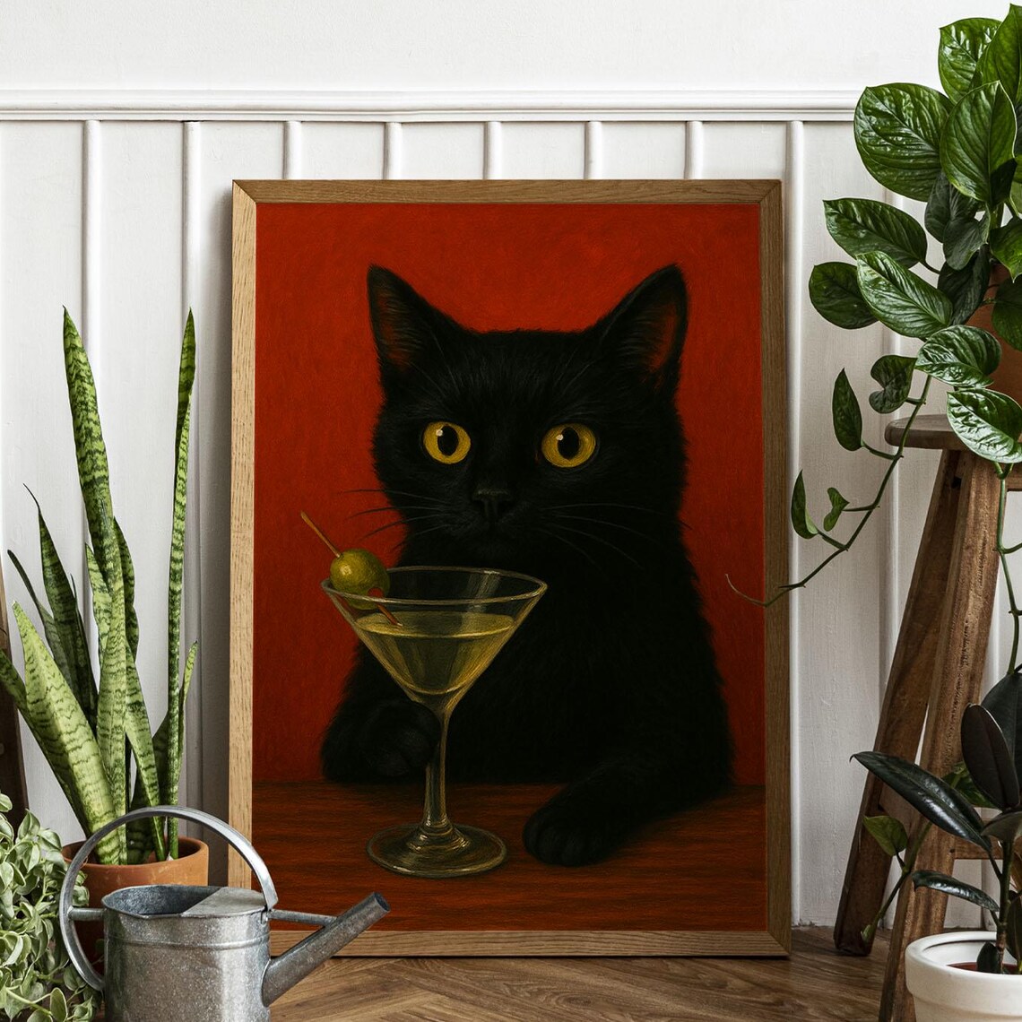 Funny Black Cat With Martini Glass Quirky Cocktail Bar Art Print