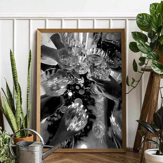 Cheers Black And White Photo Print Cocktail Glasses Toast Bar Decor