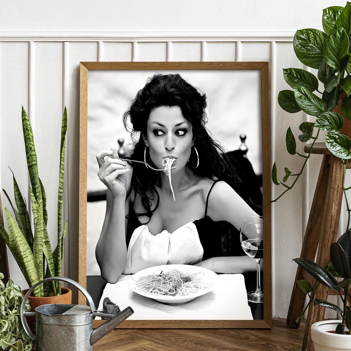 Woman Eating Spaghetti Vintage Black and White Art Print