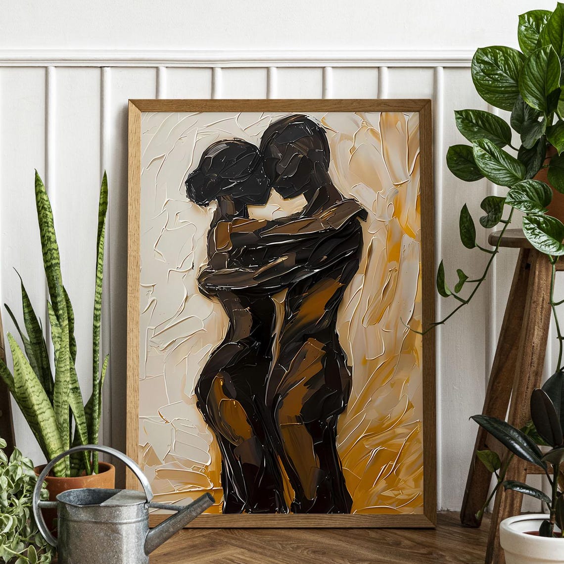 Abstract Couple Embrace Textured Romantic Oil Style Wall Art