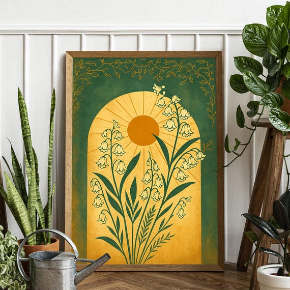 Mystical Folk Art Illustration Tauruslily Of The Valley Emerald Green Sun Postersign Flowery Spiritual Print Botanical Boho Wall