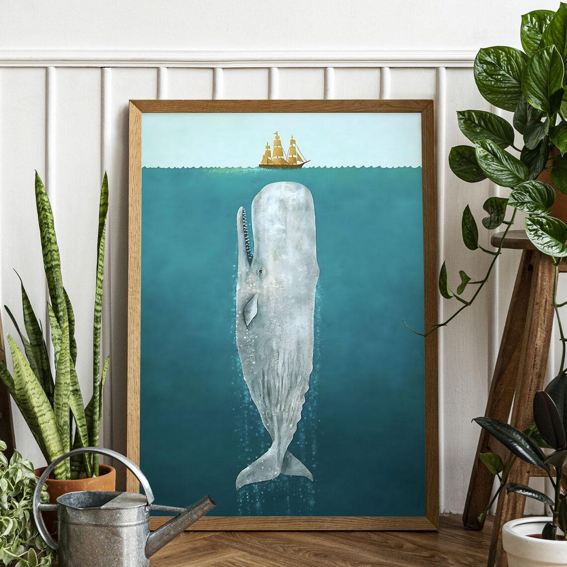 Whale and Ship in Ocean Vintage Travel Poster