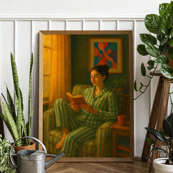 Woman Reading by the Window Cozy Armchair Evening Oil Painting Poster