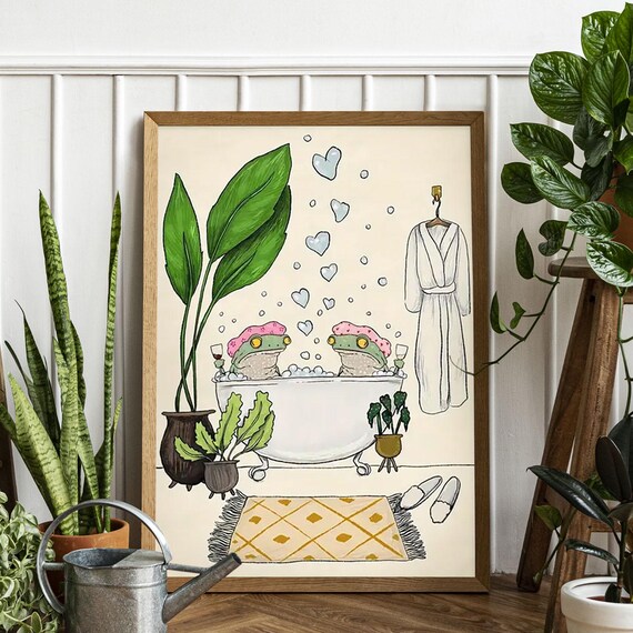 Humorous Shower Frog Art Print Funny Bathroom Decor For Nature Amphibian Lovers Whimsical Wall Gift