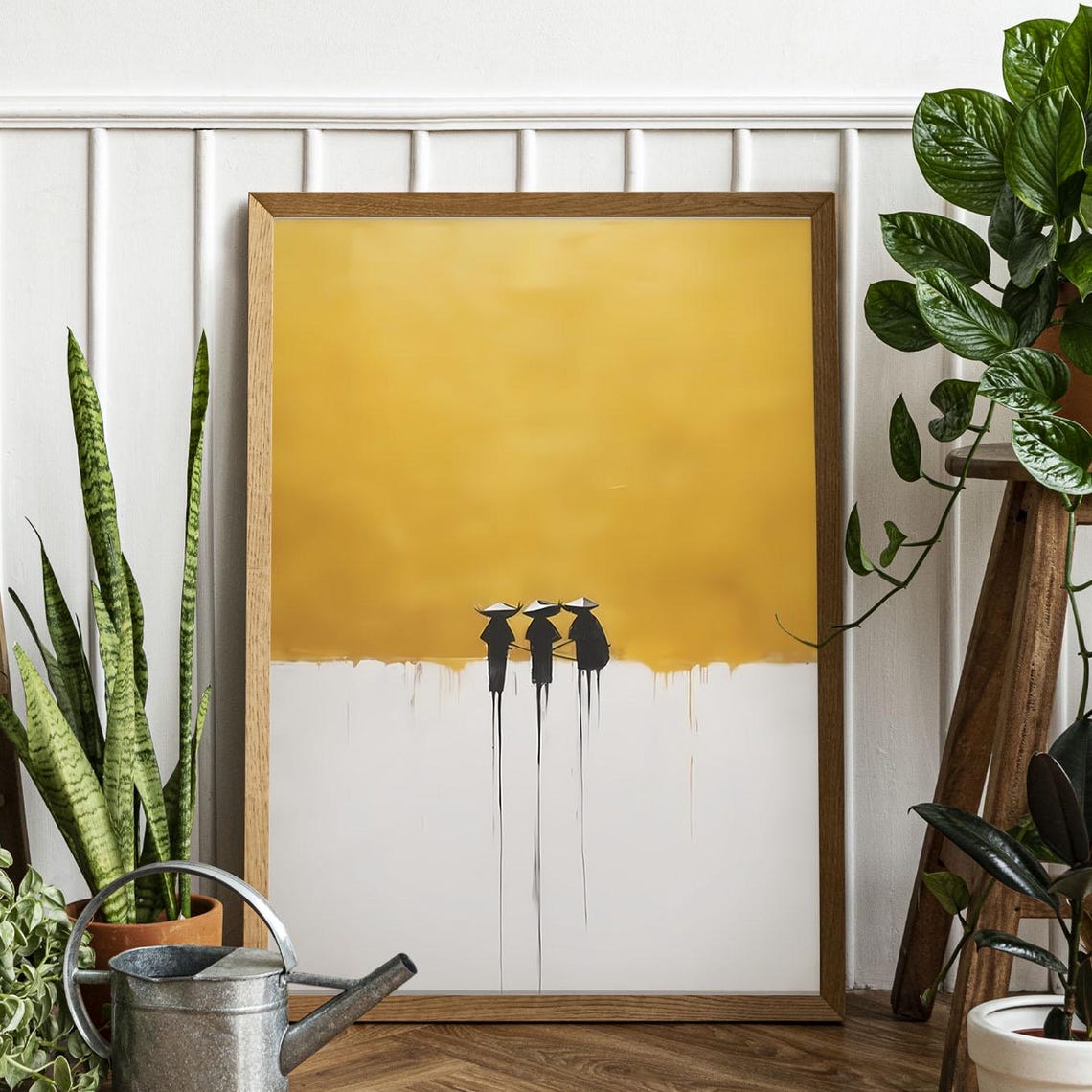 Three Conical Hat Farmers Silhouette Gold Minimalist Art Poster
