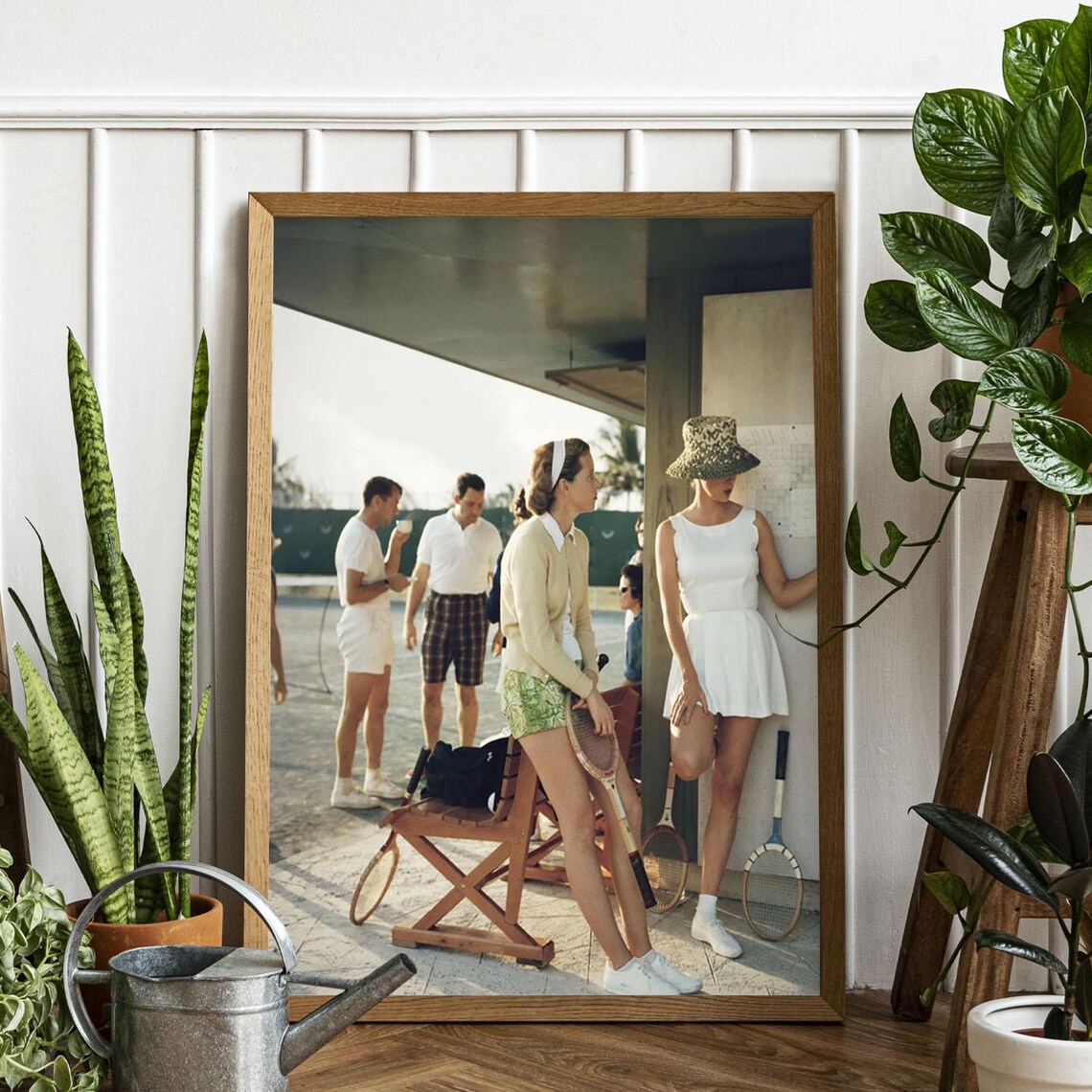 Vintage 1960s Tennis Club Players Courtside Retro Photo Print