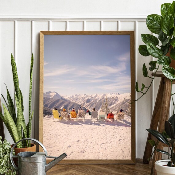 Vintage Apres Ski Photo Print Friends Relaxing On Snowy Peak View