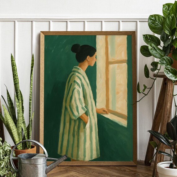 Woman By Window Emerald Green Modern Figurative Painting Art Print