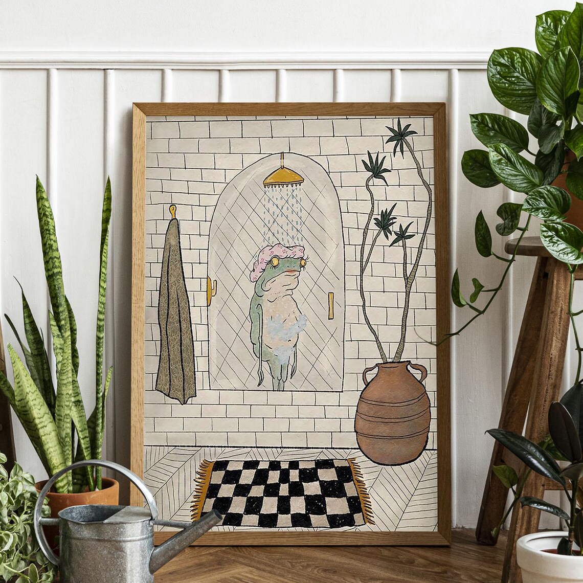 Humorous Shower Frog Art Print, Funny Bathroom Decor