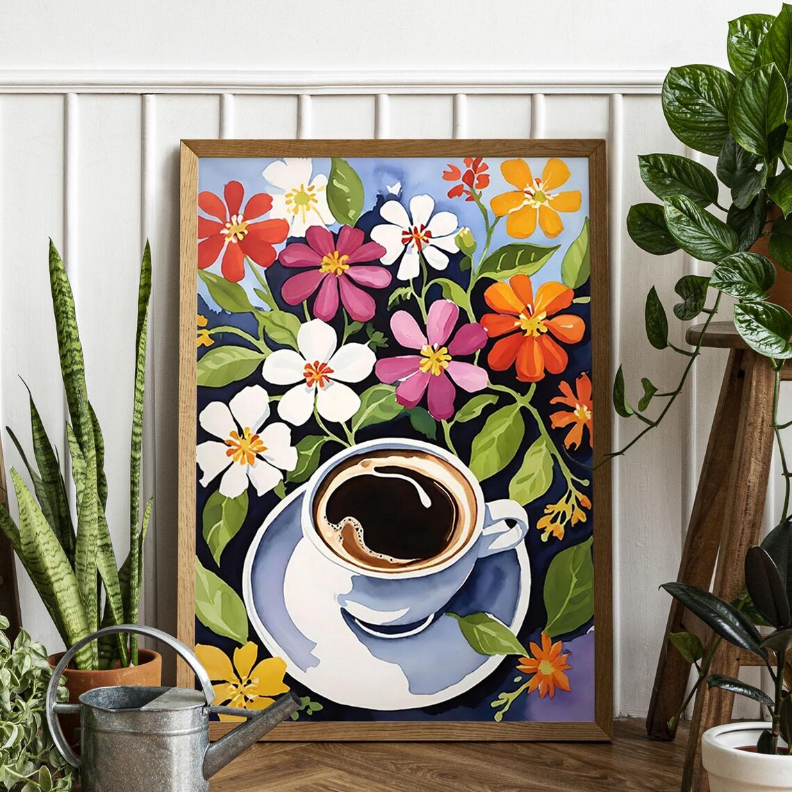 Vibrant Overhead Coffee Cup Floral Bouquet Painting Style Poster