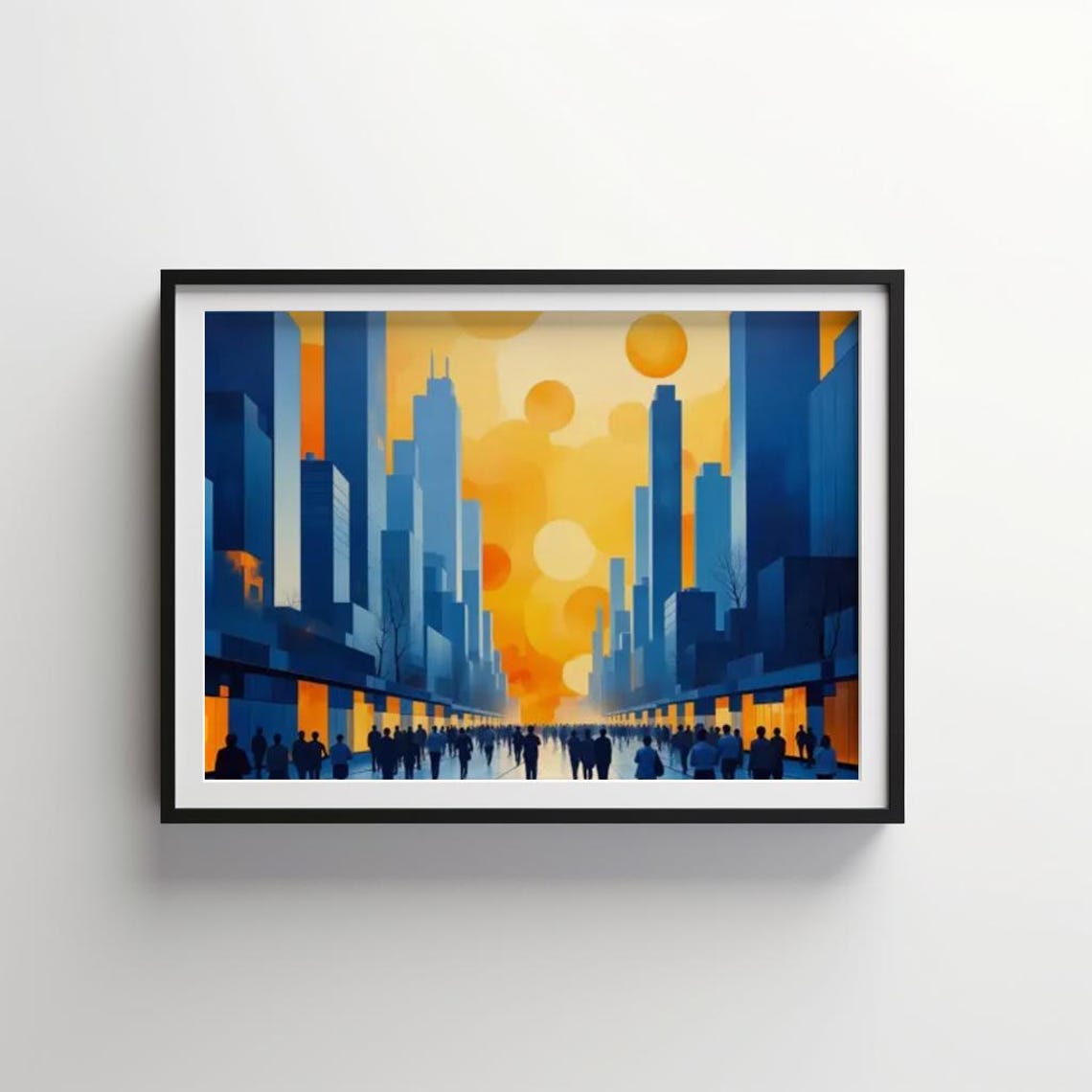 Crowded City Avenue at Sunset Skyscraper Silhouette Art Poster