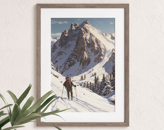 Backpacker Trekking Snowy Mountain Pass Alpine Adventure Wall Art