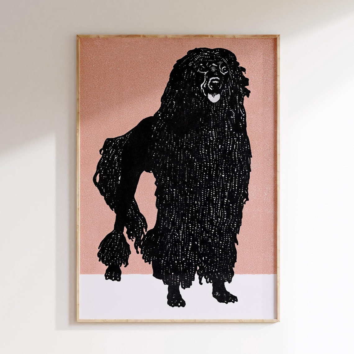 Black Poodle Silhouette Vintage Linocut Style Pink Dog Portrait Poster