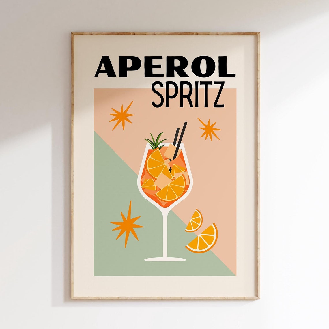 Aperol Spritz Retro Cocktail Glass Mid Century Bar Cart Wall Art