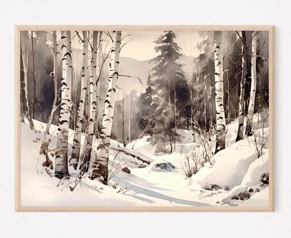 Winter Forest Watercolor Painting Art Print Snowy Forest Wall Art Home Decor Gift